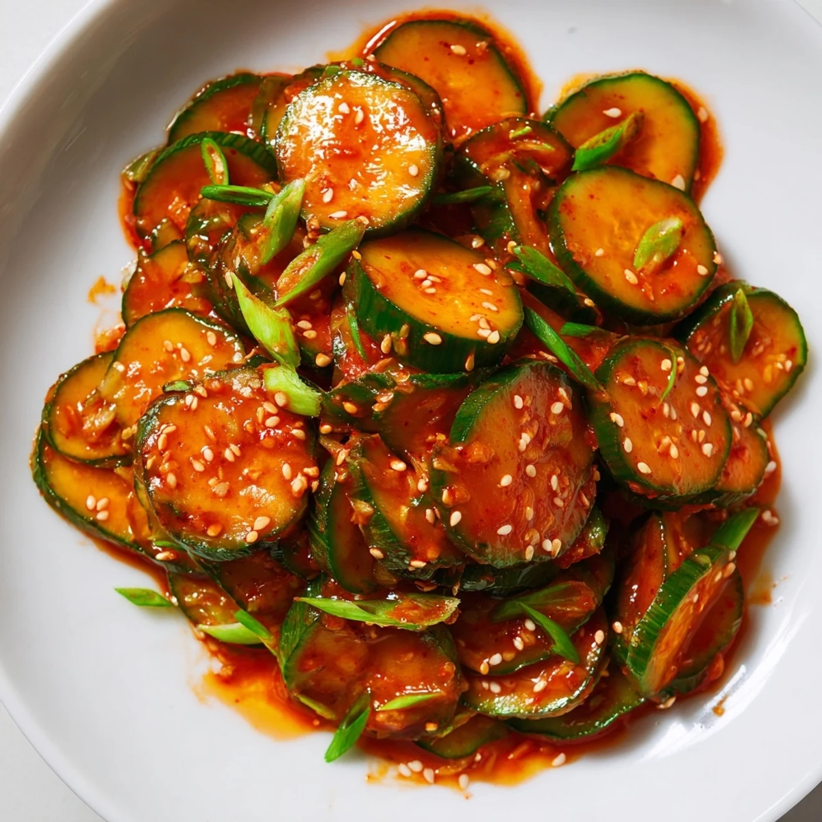 Fresh Korean cucumber salad with crisp thinly sliced cucumbers coated in spicy red chili flakes