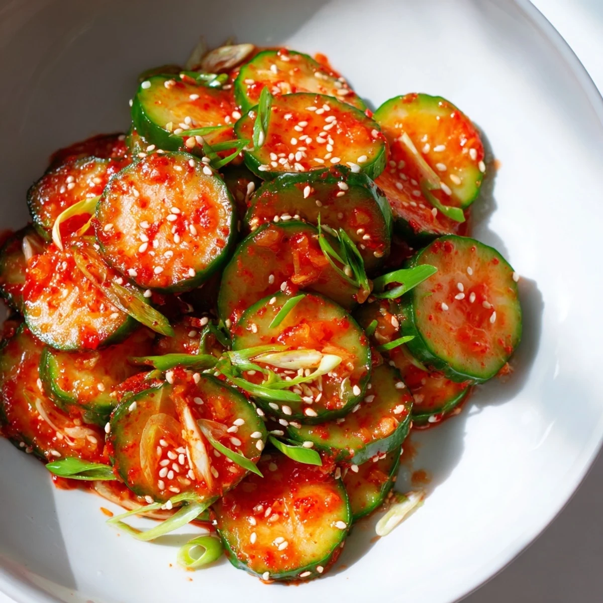 Vibrant Korean cucumber salad topped with toasted sesame seeds and green onions in a serving bowl