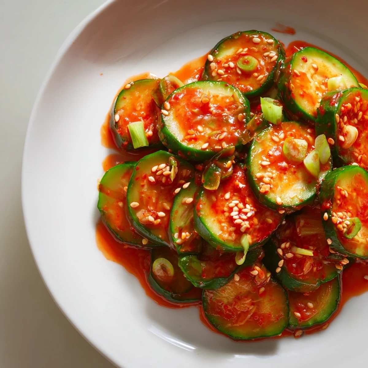 Spicy sweet Korean cucumber salad featuring crunchy cucumbers dressed in sesame oil and gochugaru seasoning