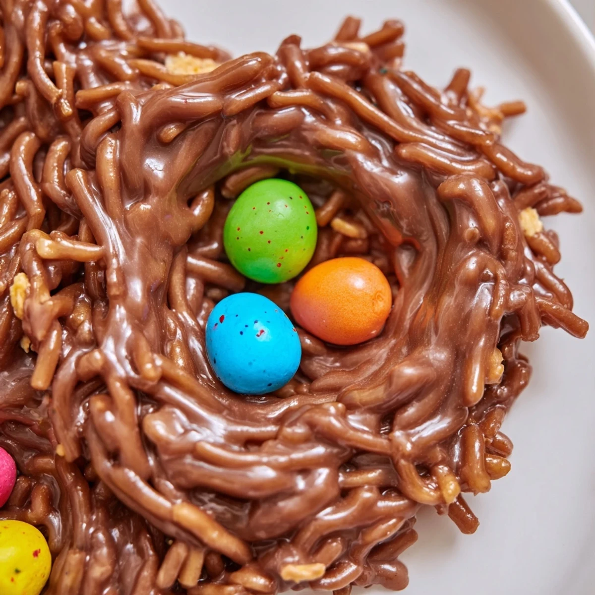 Golden no bake birds nest cookies with melted chocolate drizzle and colorful candy eggs resting in crunchy noodle nests