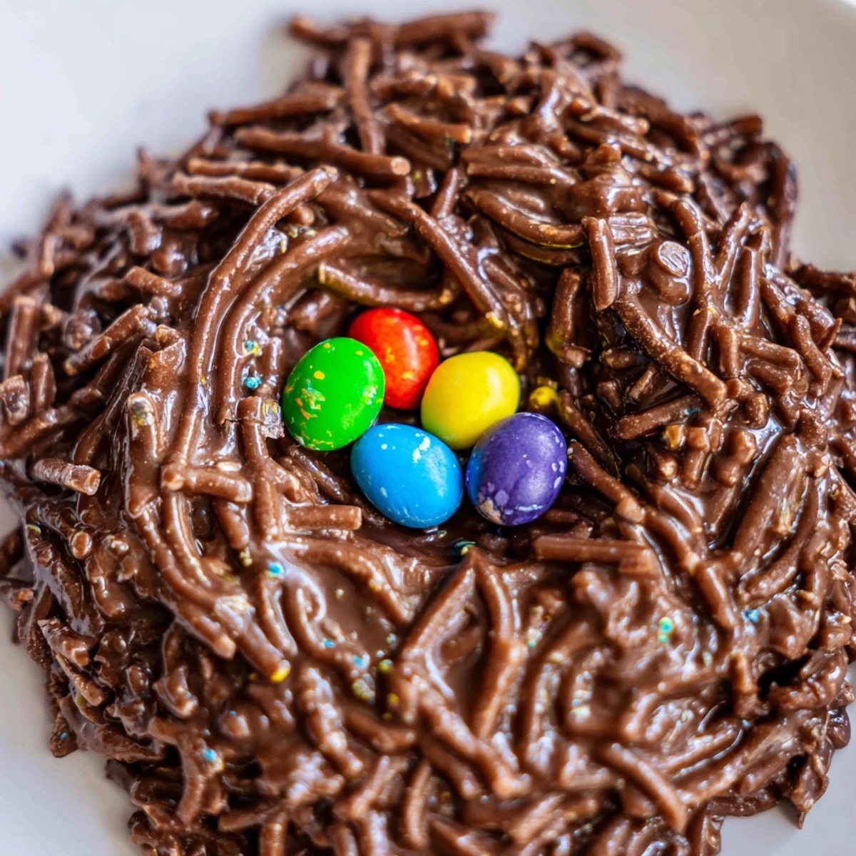 Chocolate peanut butter no bake birds nest cookies arranged on parchment paper with pastel speckled eggs nestled in center