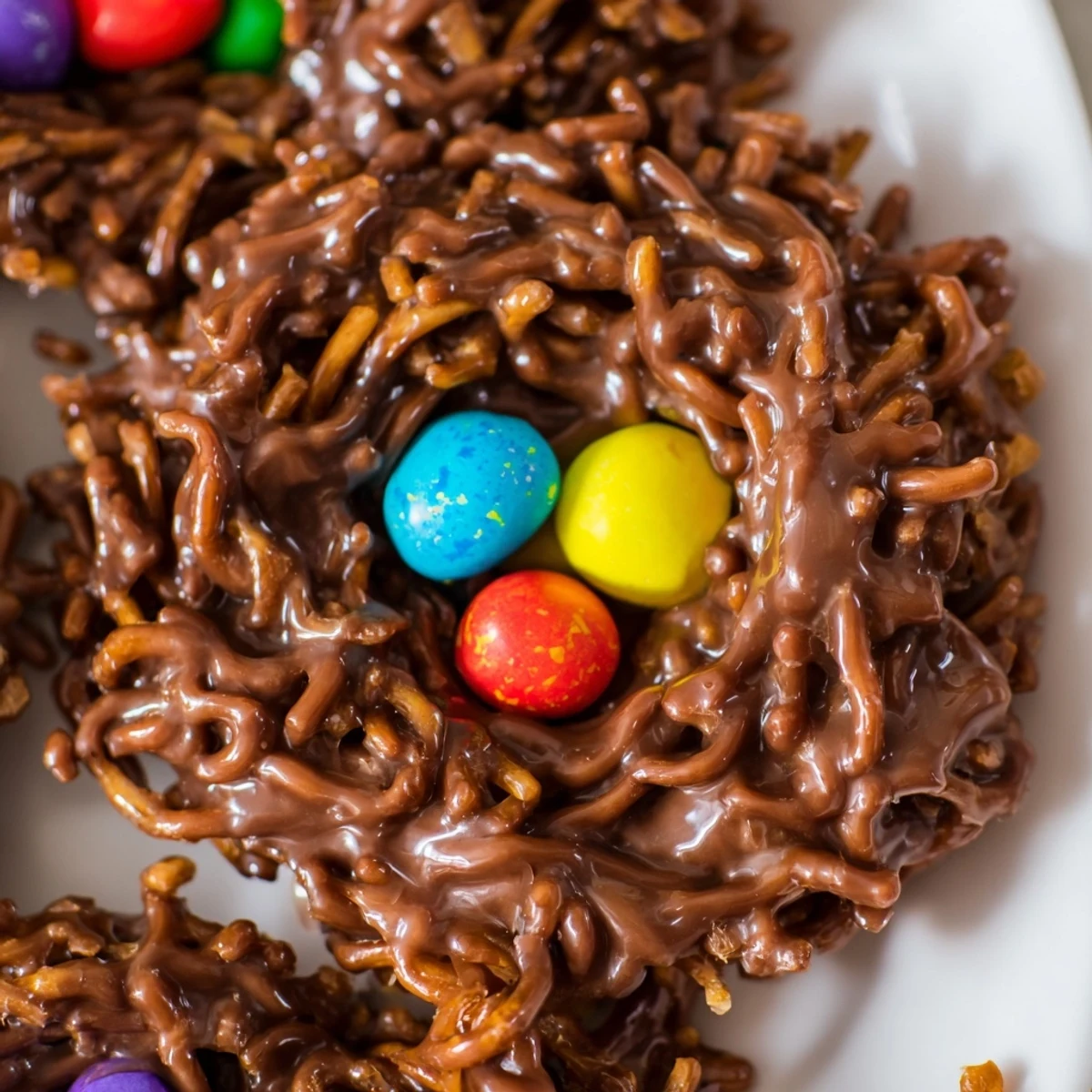 Whimsical Easter no bake birds nest cookies featuring glossy chocolate coating and vibrant egg candies on white serving platter
