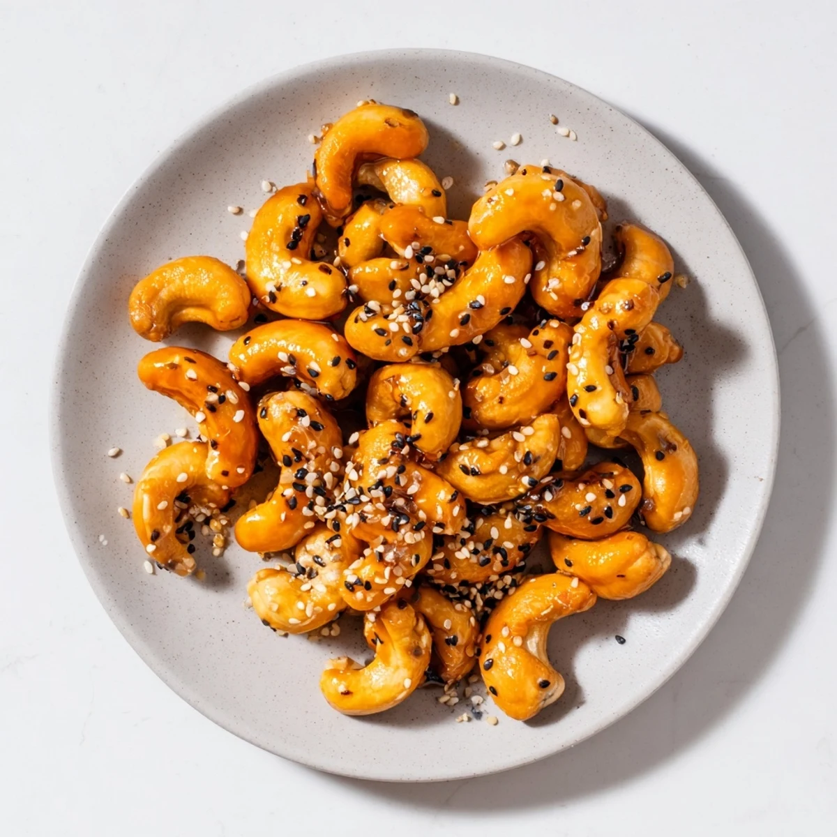 Glossy honey glazed cashews coated in white sesame seeds cooling on parchment paper