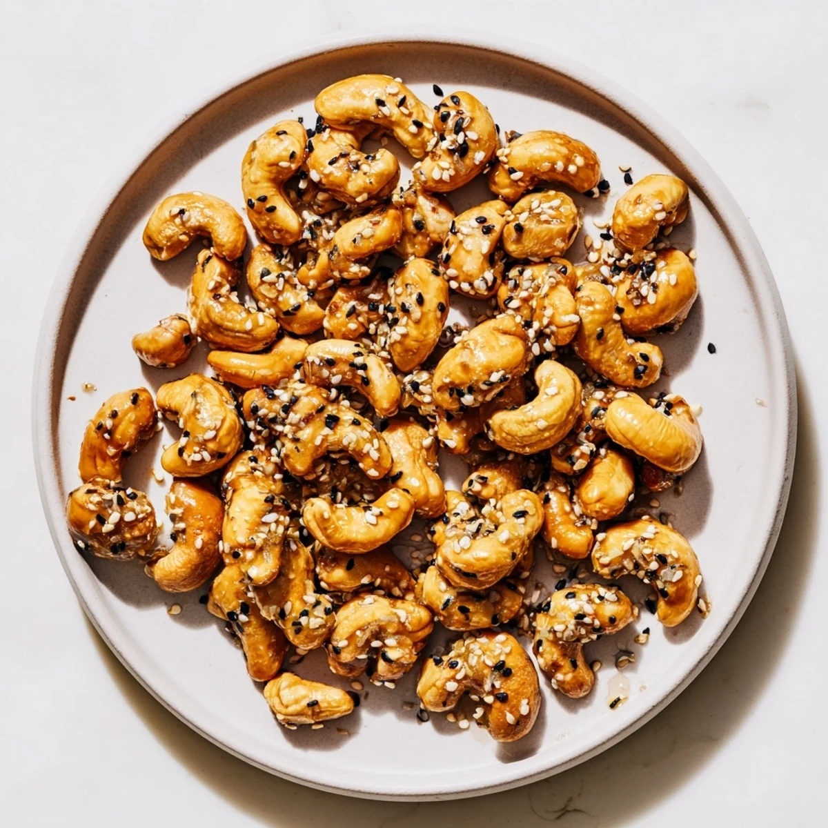 Golden honey sesame cashews scattered on a rustic wooden board with toasted seeds