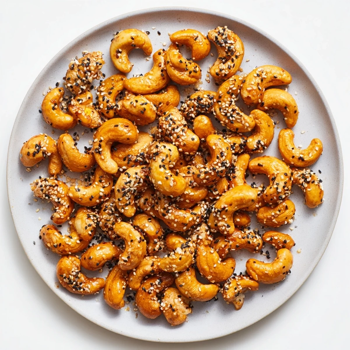Sweet and salty honey sesame cashews piled in a white ceramic serving bowl