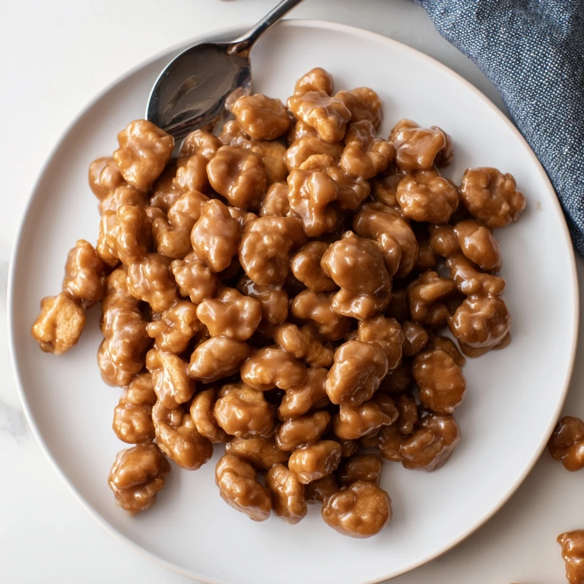 Golden caramel coated oyster crackers arranged on a white serving platter, perfect for parties