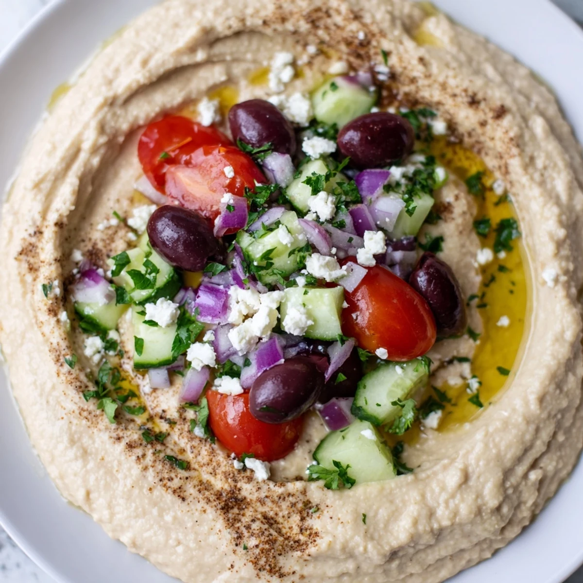 Creamy Greek style loaded hummus topped with fresh vegetables, olives, and crumbled feta cheese