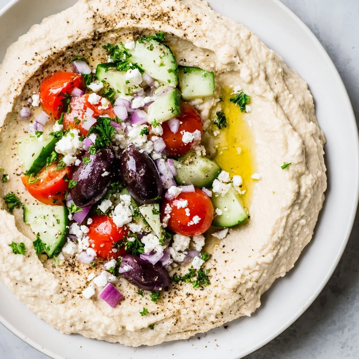 Golden Greek style loaded hummus drizzled with olive oil and served with warm pita