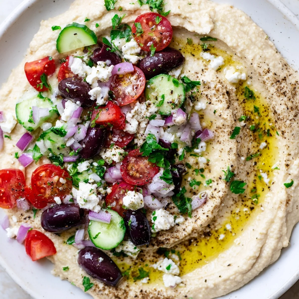Vibrant Mediterranean platter featuring Greek style loaded hummus garnished with cherry tomatoes and parsley