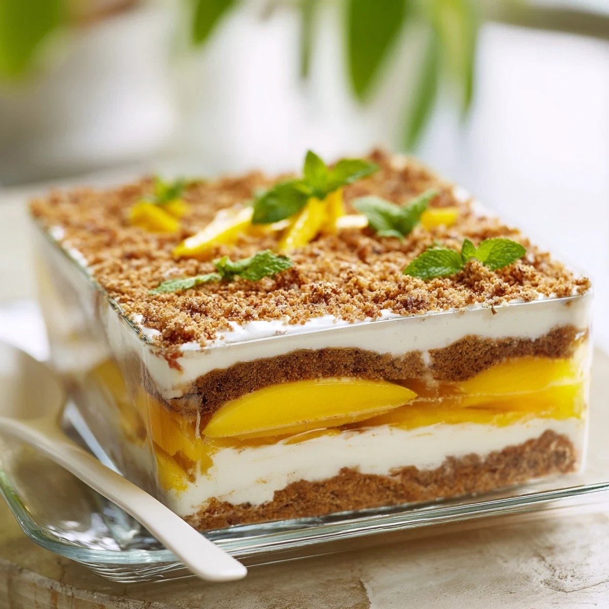 Golden layers of Filipino Mango Float dessert showing ripe mango slices between whipped cream and graham crackers in a glass dish
