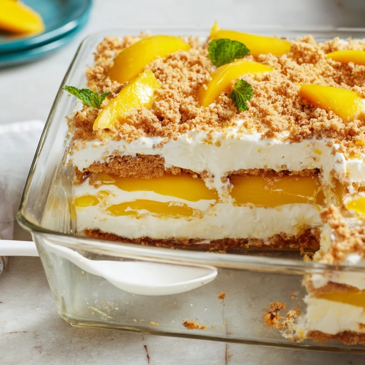 Glass baking dish filled with no-bake Filipino Mango Float featuring stacked layers of fresh mango, creamy frosting, and crisp crackers