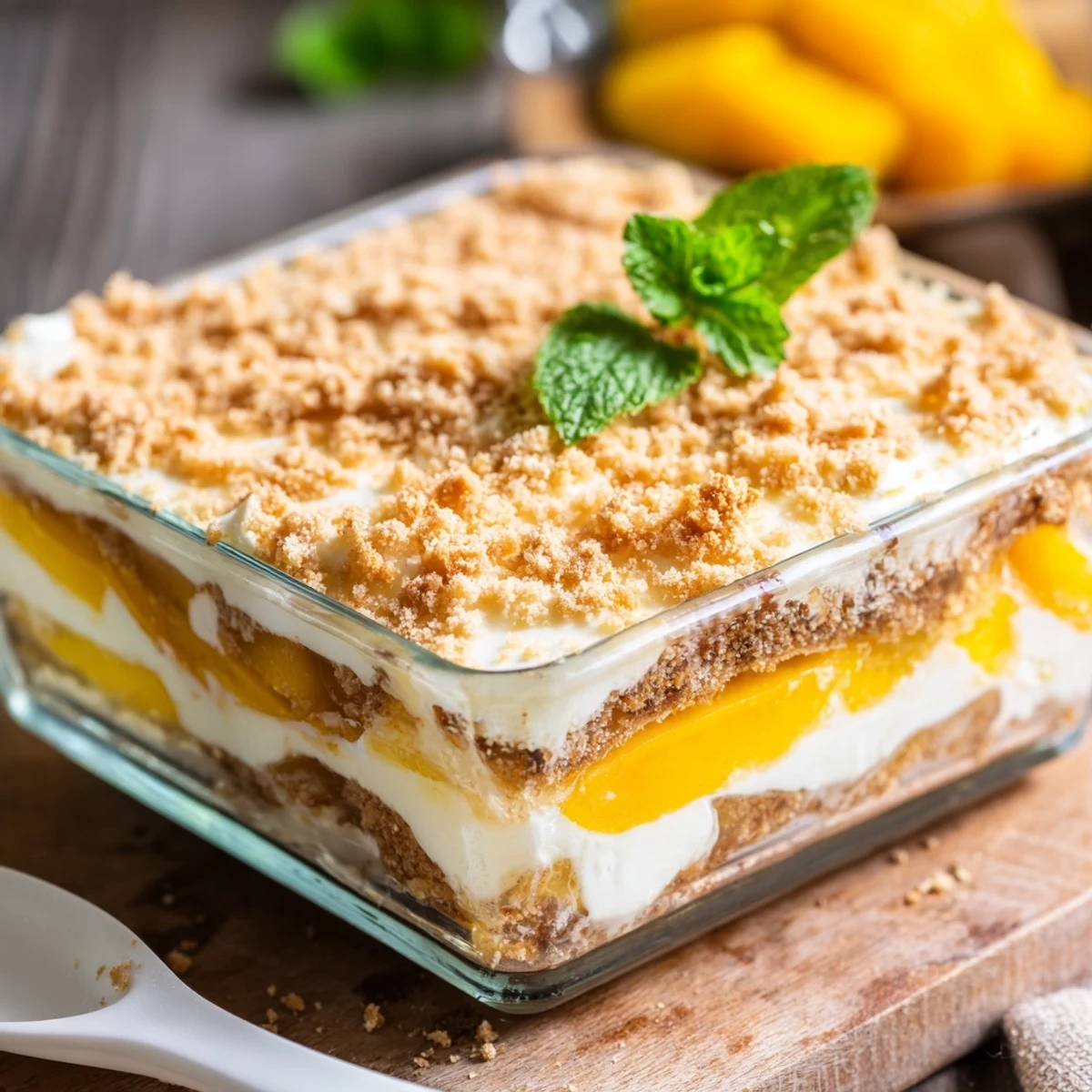 Chilled Filipino Mango Float square slice revealing beautiful layers of sweetened cream, yellow mangoes, and honey graham crackers