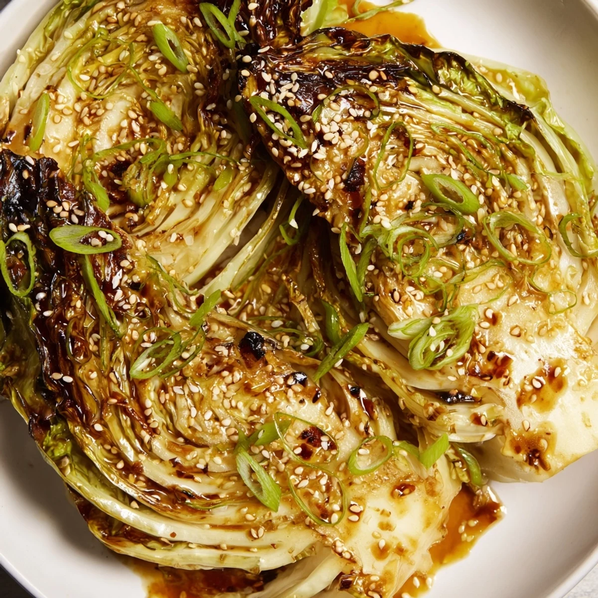 Japanese-inspired miso butter roasted cabbage wedges garnished with green onions and chili flakes