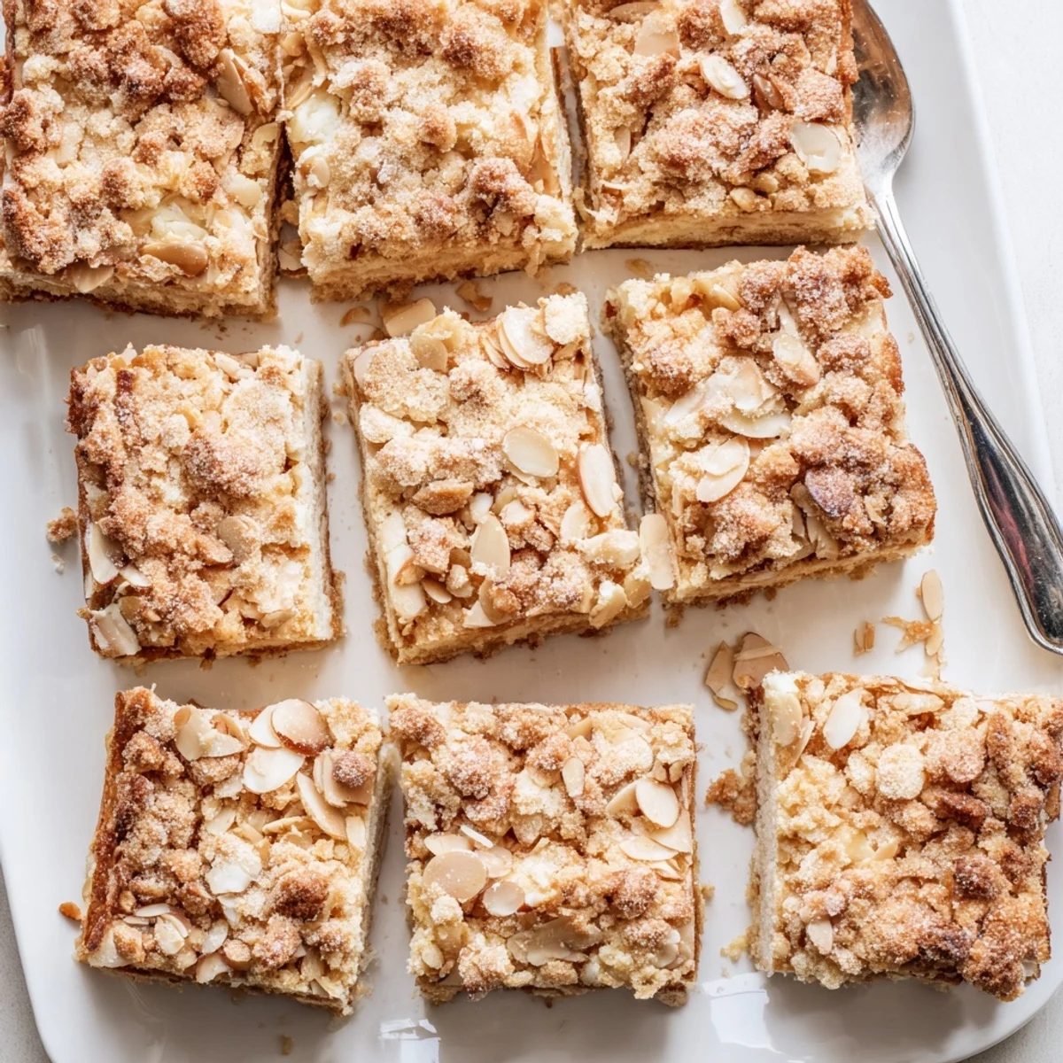 Golden easy ricotta cloud squares with almond crunch topping ready to serve