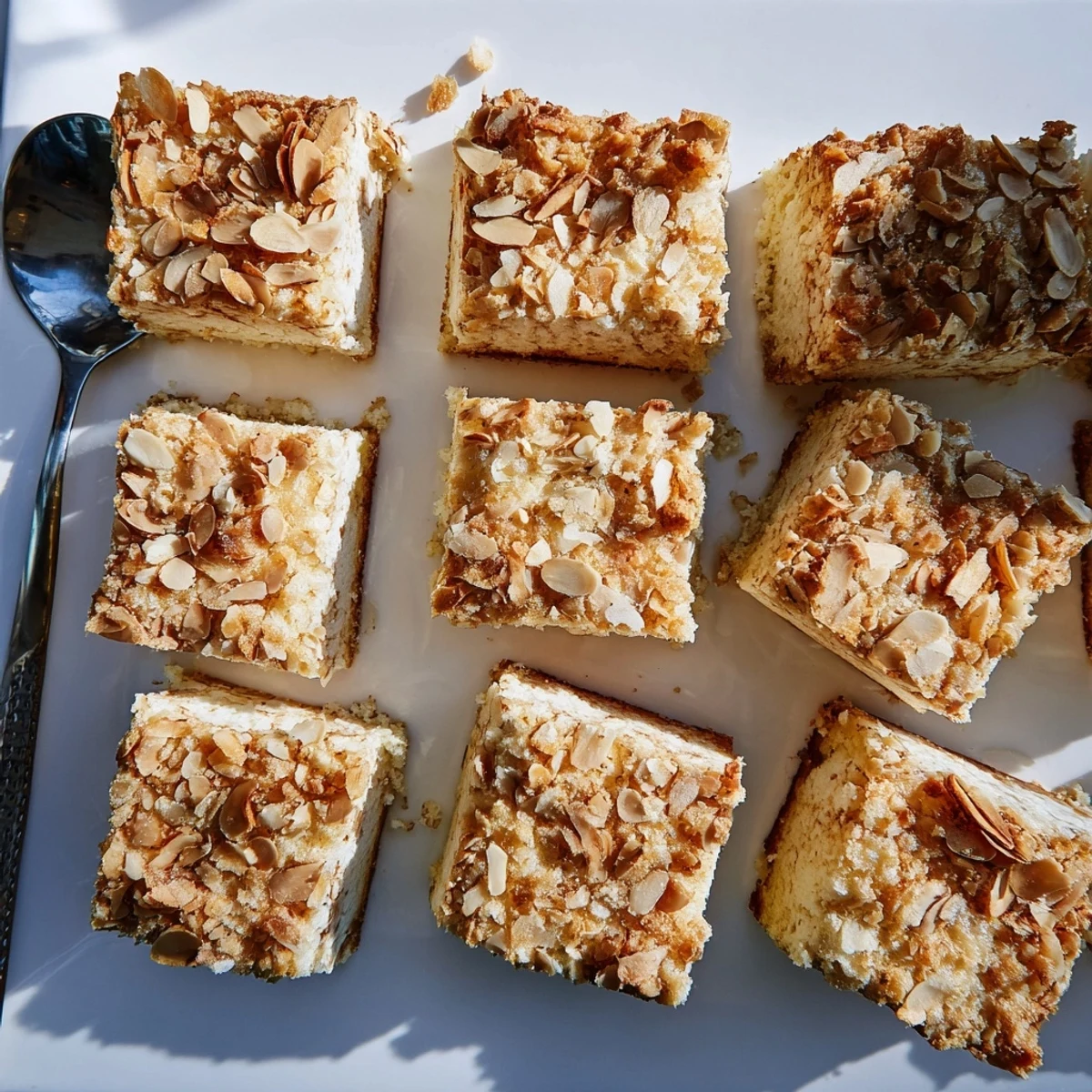 Fluffy easy ricotta cloud squares baked until golden with crispy almond layer