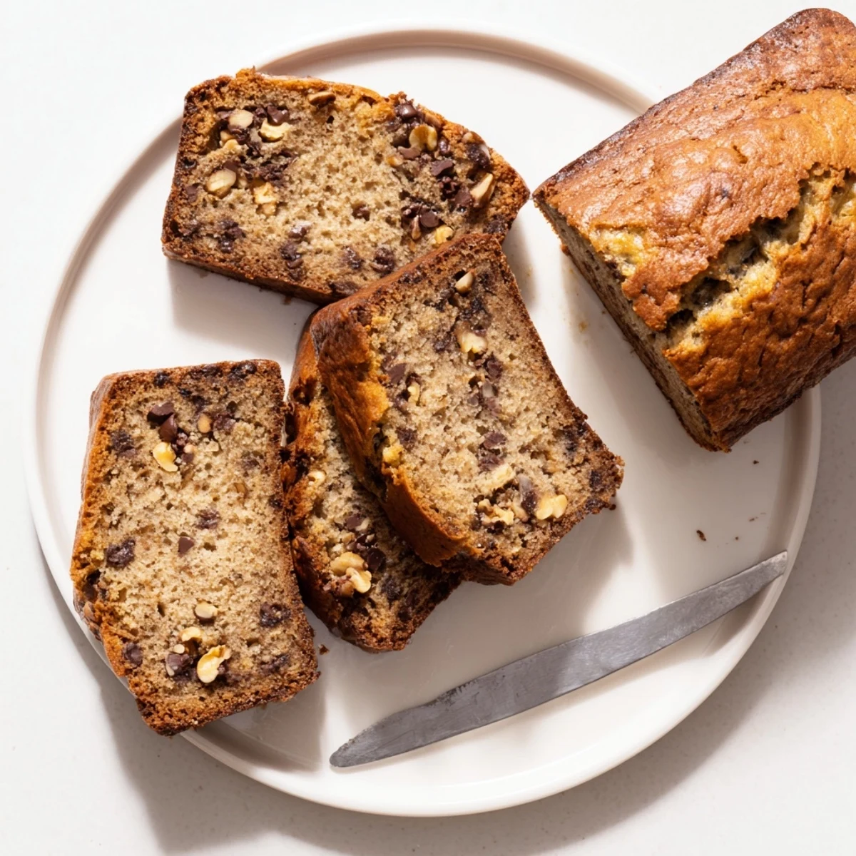 Golden loaf of super moist banana bread with a cracked top and tender crumb, sliced on a wooden cutting board