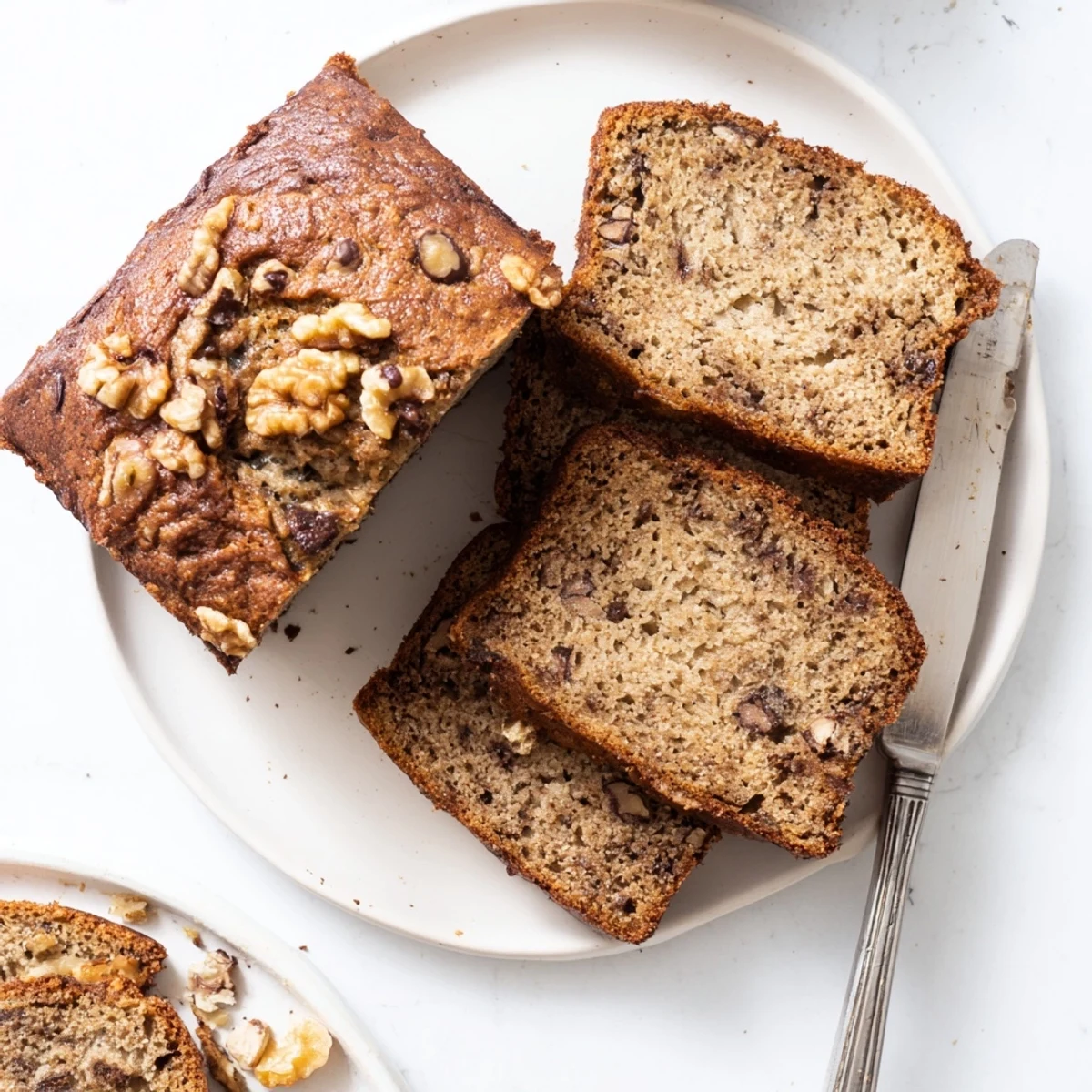 Warm slice of super moist banana bread melting with butter, served on a rustic board with coffee nearby