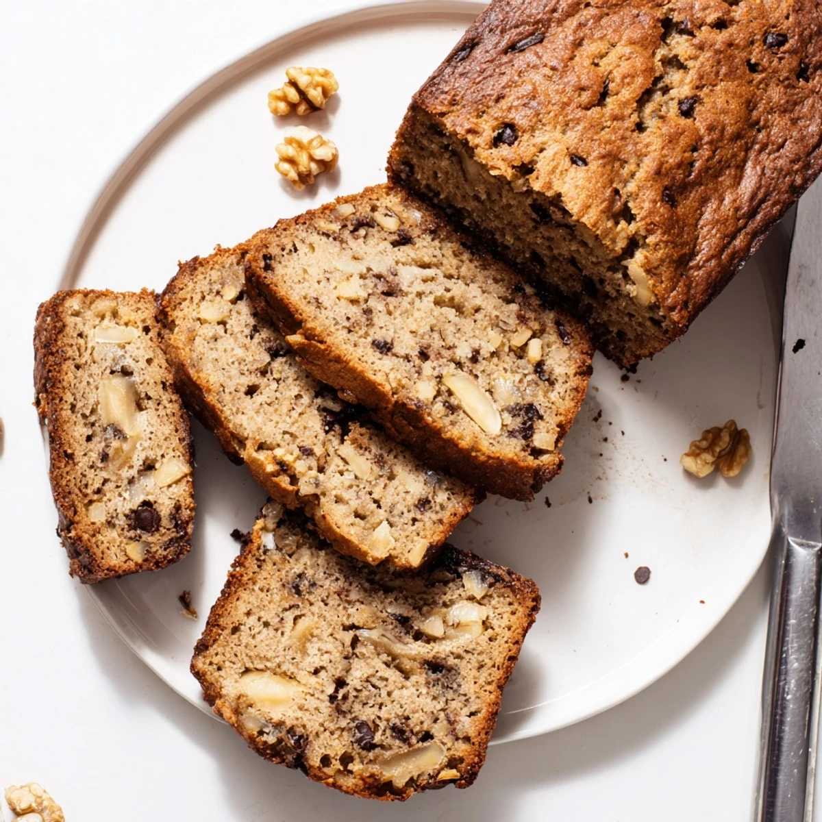Freshly baked super moist banana bread loaf dusted with cinnamon, topped with scattered walnuts on a white plate