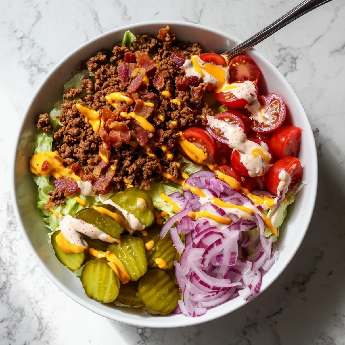Golden brown seasoned ground beef served over crisp lettuce with fresh tomatoes and melted cheddar in a deconstructed burger bowl arrangement