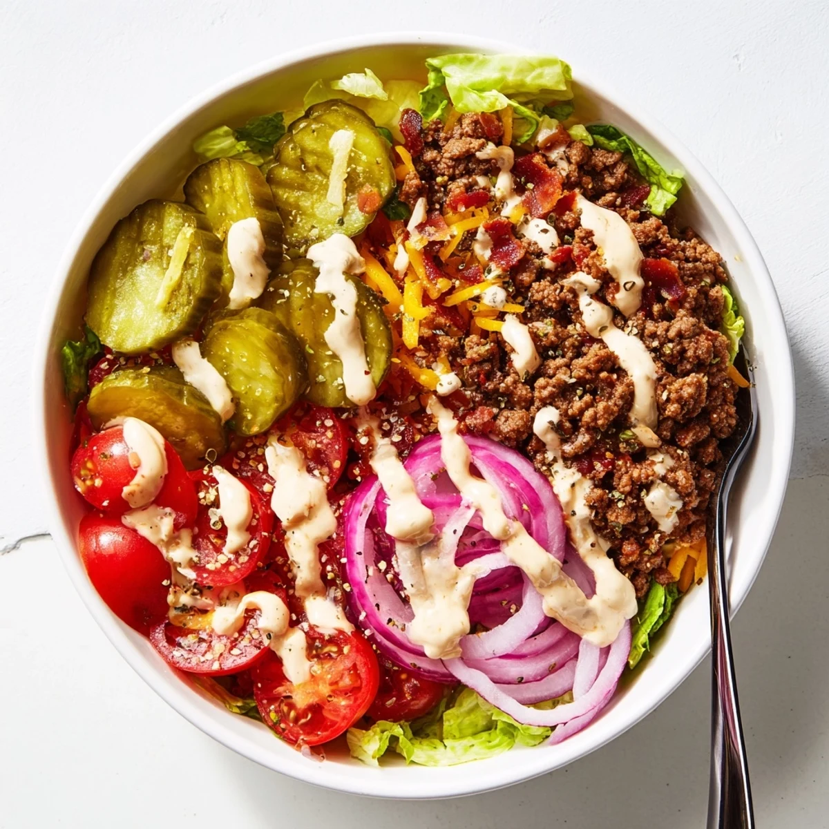 Colorful low-carb burger bowls feature juicy beef, crunchy vegetables, and creamy homemade sauce drizzled over a bed of shredded romaine