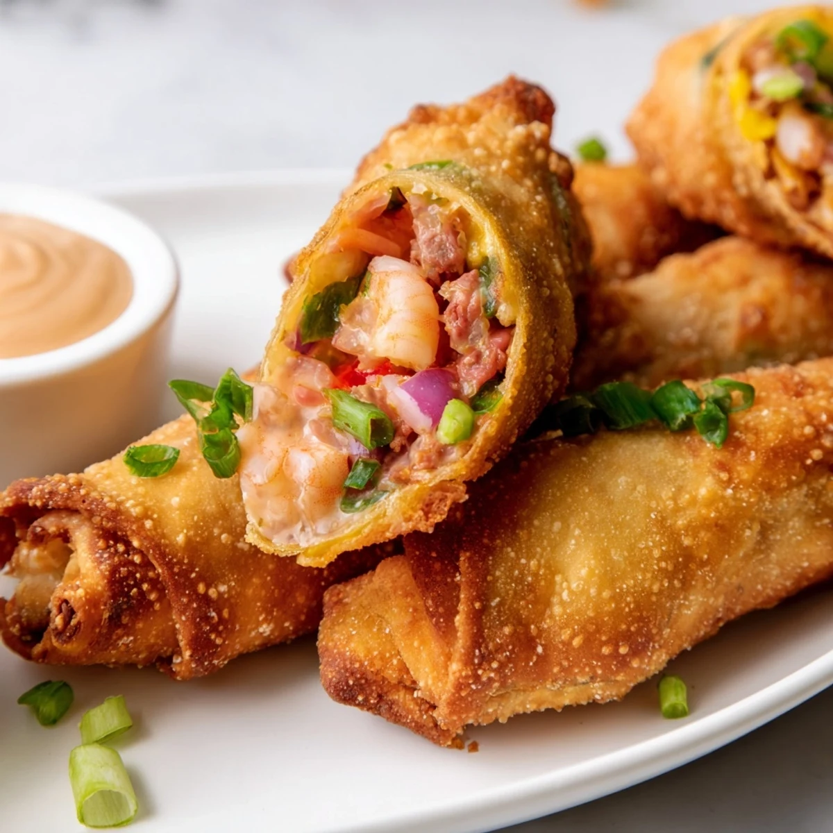 Golden crispy Voodoo Egg rolls filled with spicy andouille sausage and shrimp, served with tangy Cajun dipping sauce