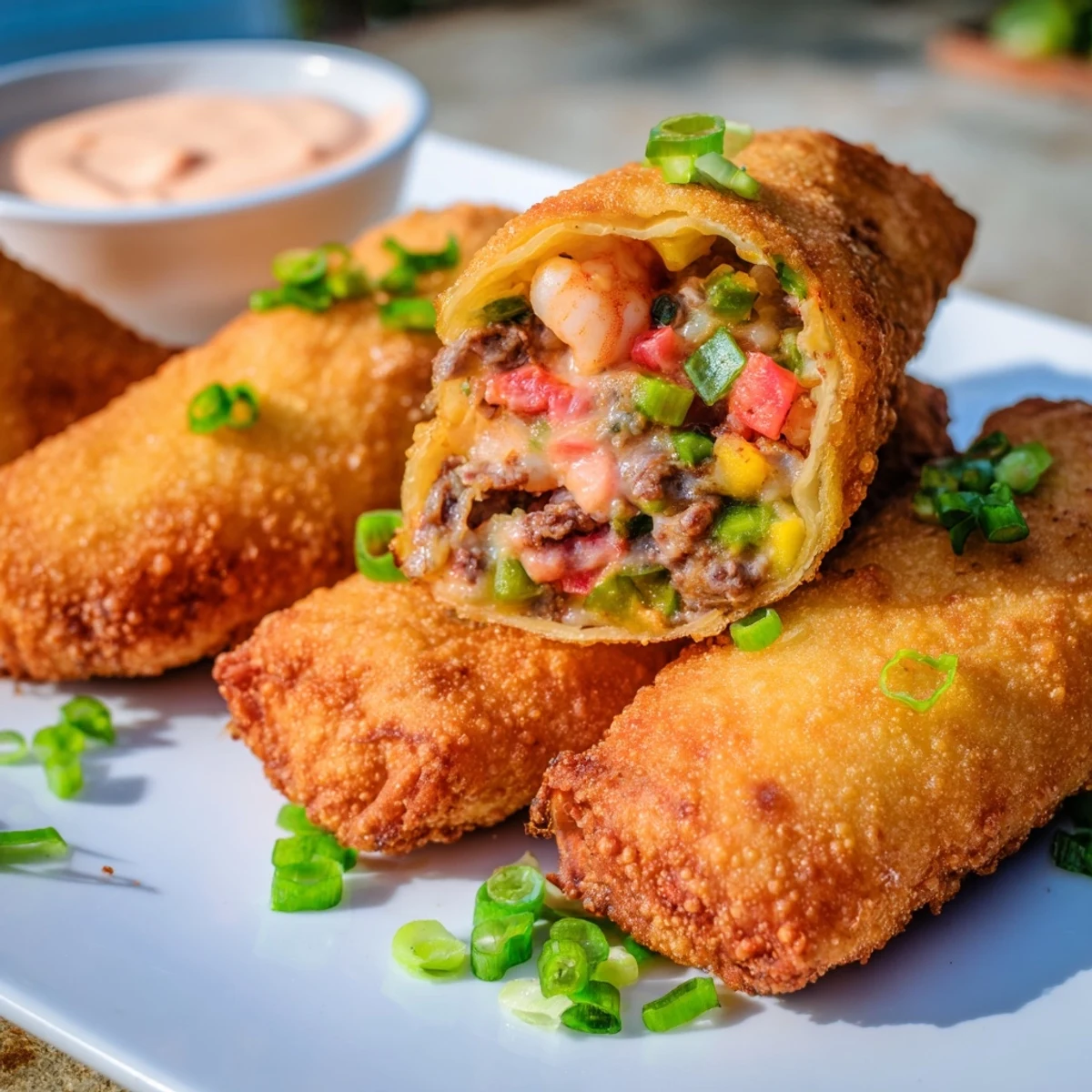 Fried Creole-style Voodoo Egg rolls featuring zesty andouille and shrimp filling, plated alongside creamy Cajun remoulade sauce
