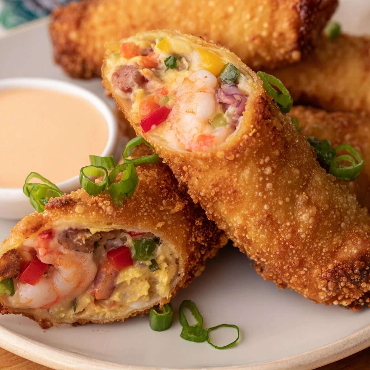 Crispy golden Voodoo Egg rolls packed with seasoned andouille sausage, shrimp, and colorful bell peppers for appetizer serving