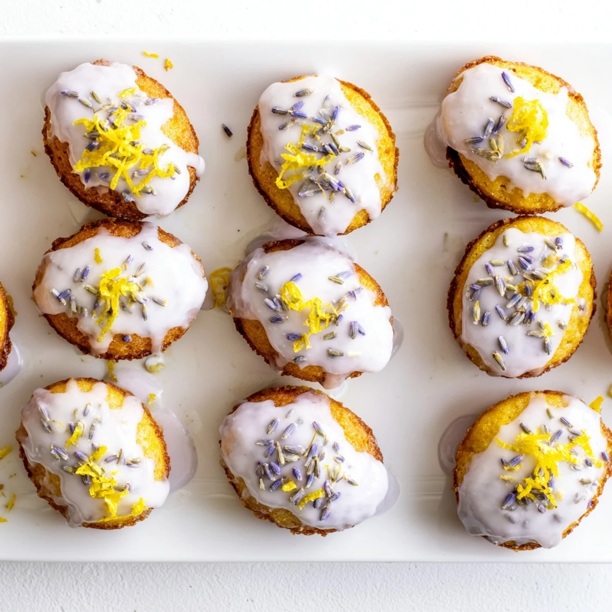 Golden mini lemon cakes with lavender glaze drizzled over a wire cooling rack