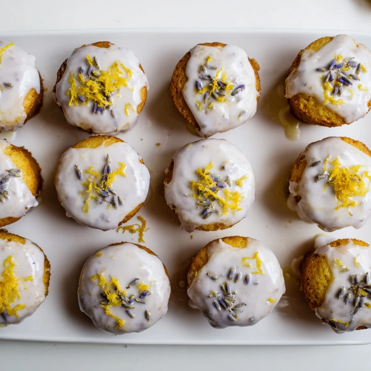 Two bite-sized lemon cakes topped with purple lavender glaze on a white plate