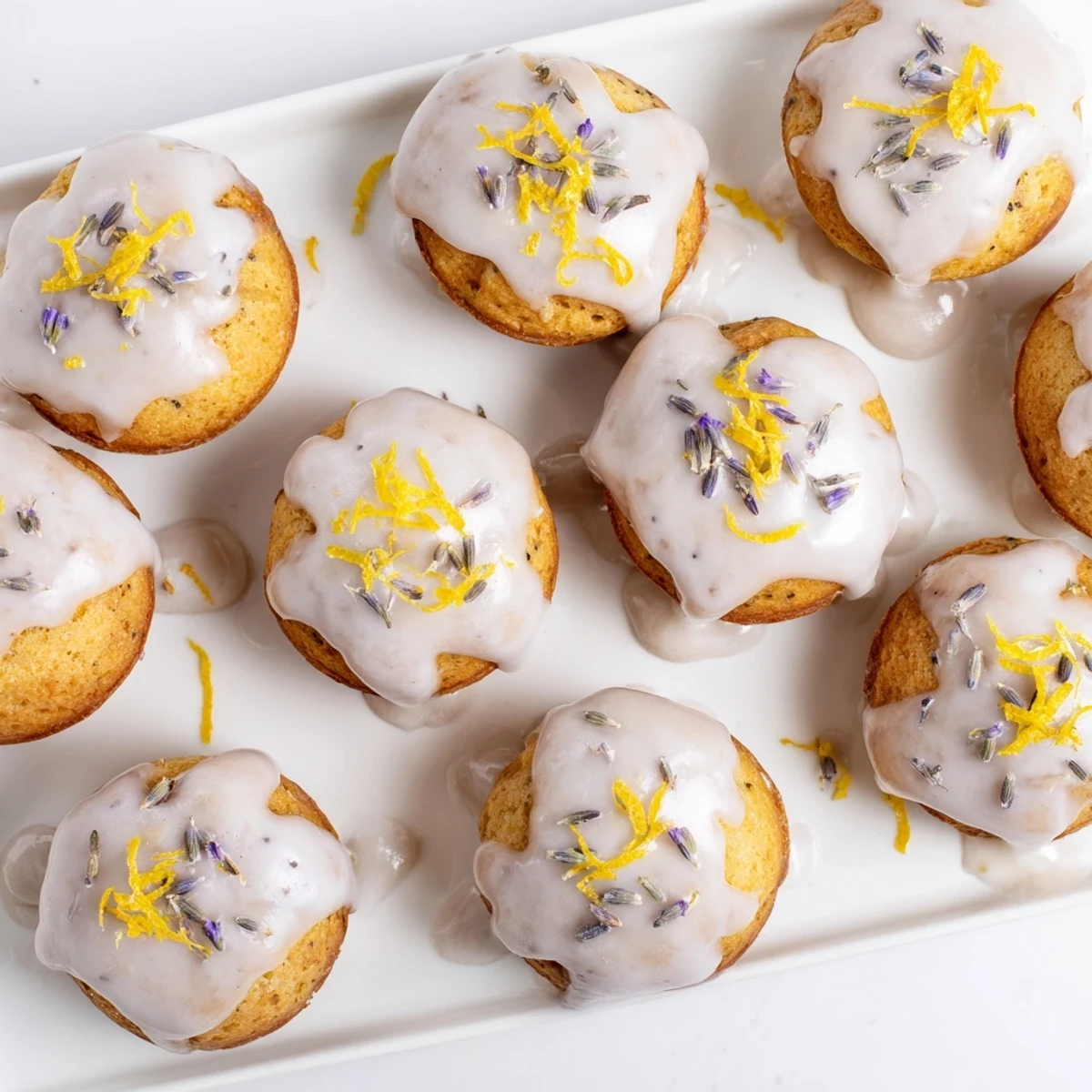 Freshly baked mini lemon cakes with smooth lavender icing and dried lavender garnish