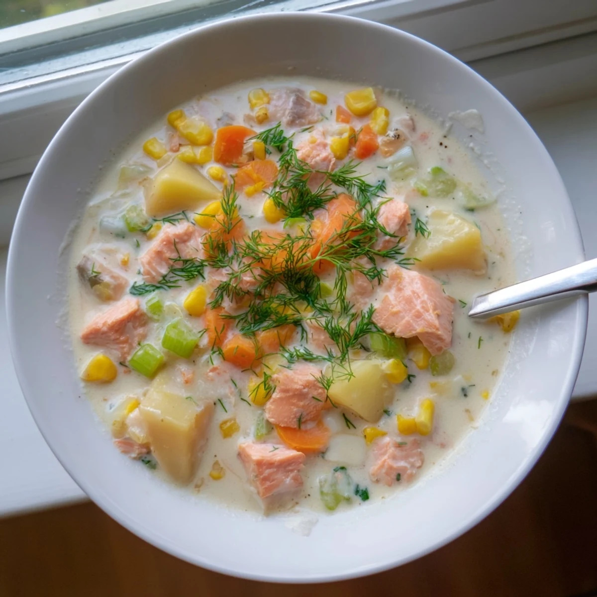 Creamy smoked salmon chowder with tender potatoes and corn in a white bowl