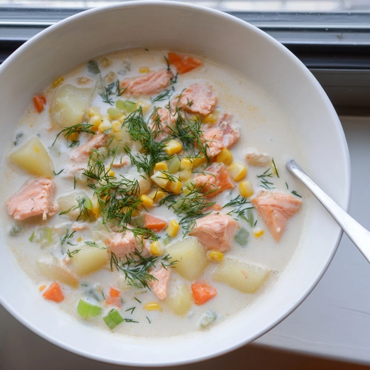 Rich smoked salmon chowder garnished with fresh dill served in rustic ceramic bowls