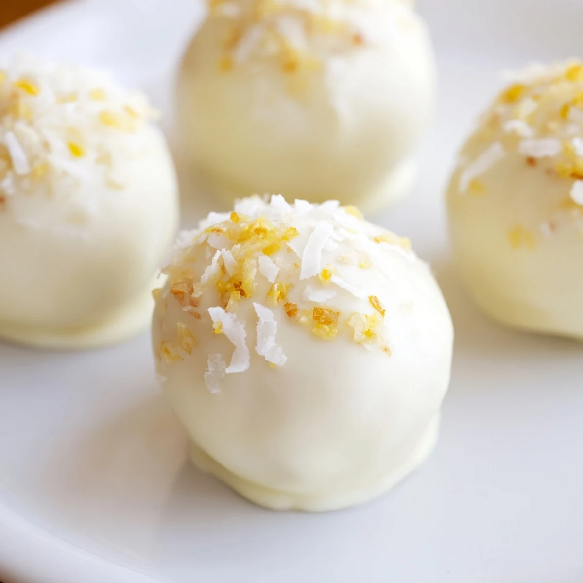 Hand-rolled tropical mango truffles coated in glossy white chocolate with chopped pistachio garnish