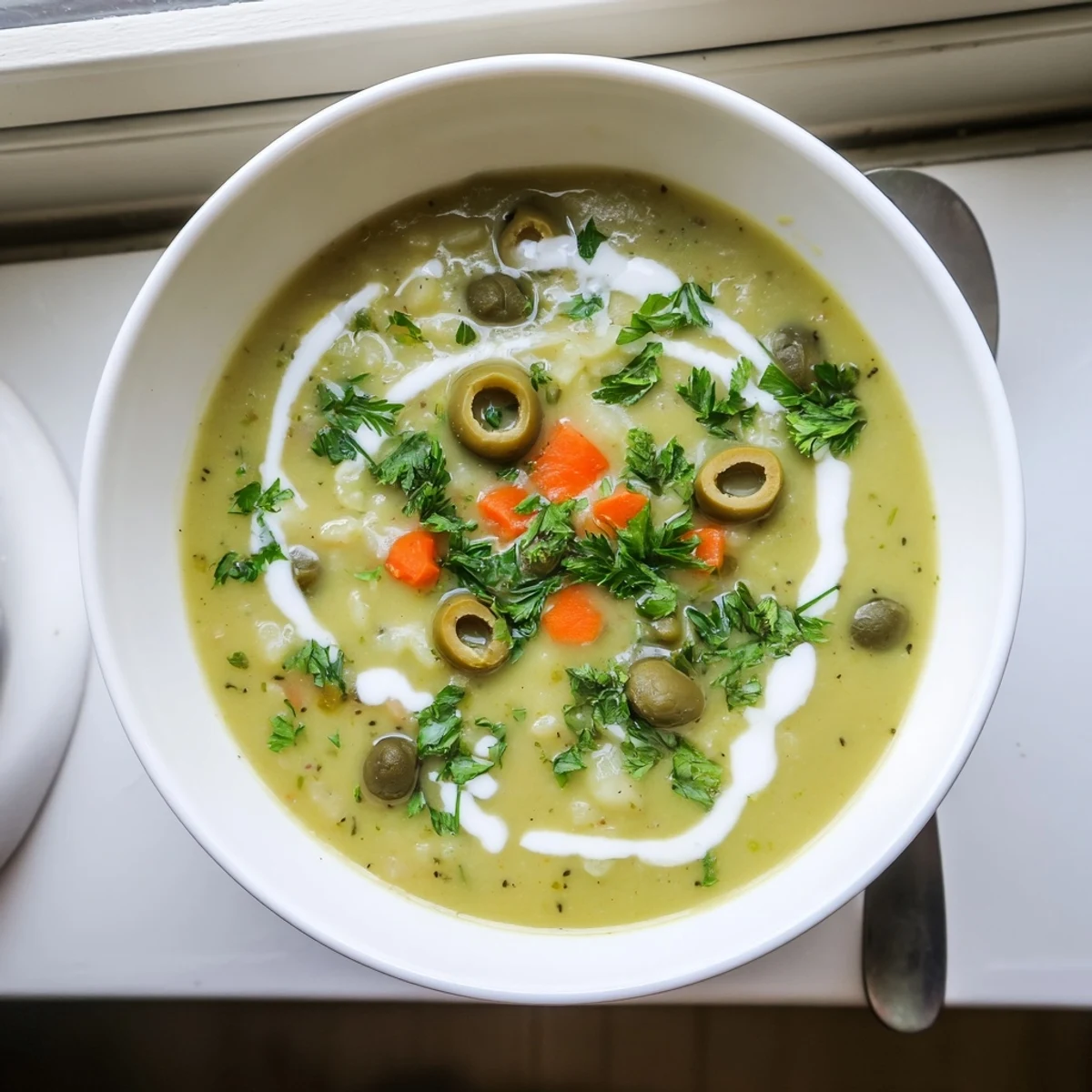 Creamy green olive soup garnished with fresh parsley and sliced olives in a white bowl
