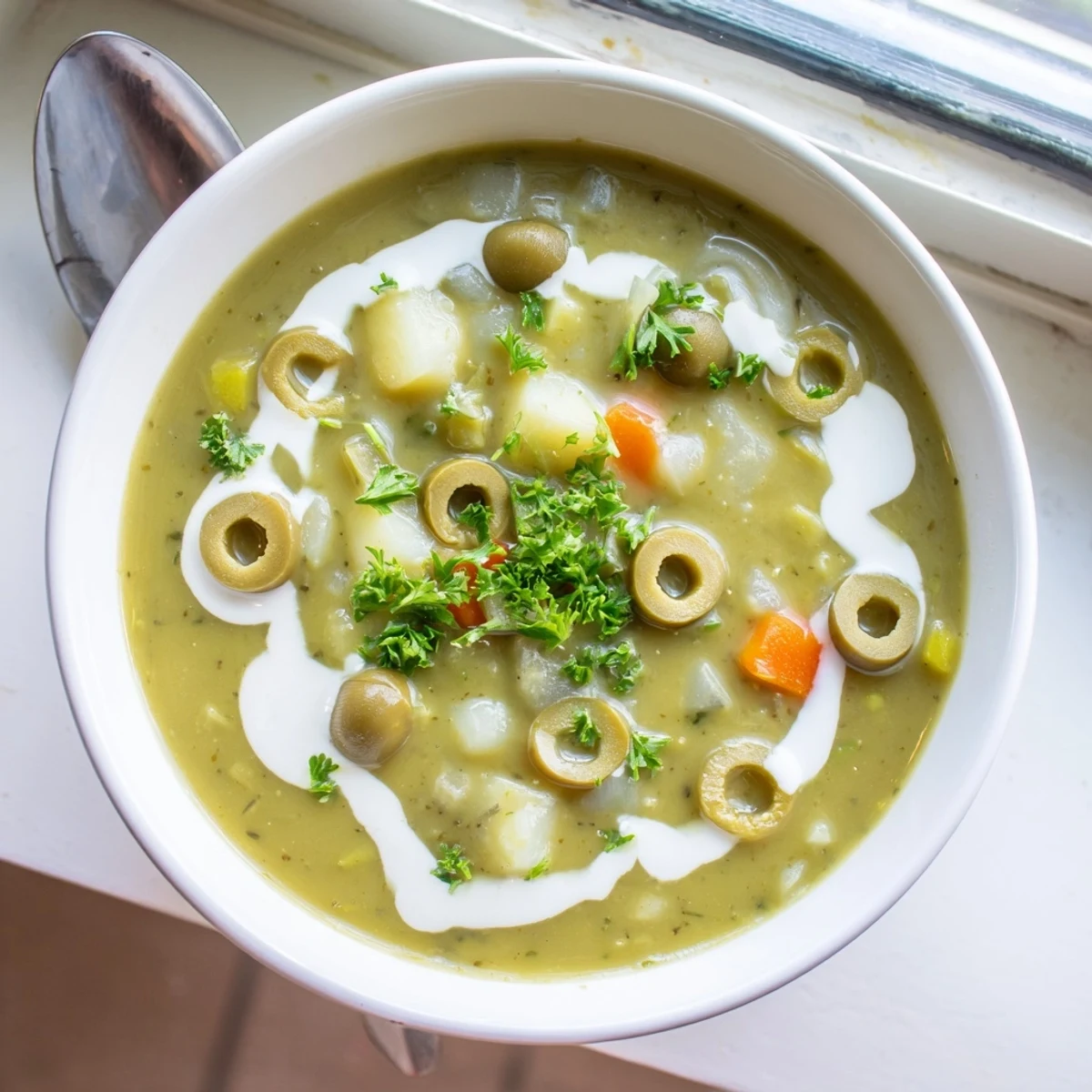 Mediterranean green olive soup featuring tender potatoes and aromatic herbs, served with crusty bread