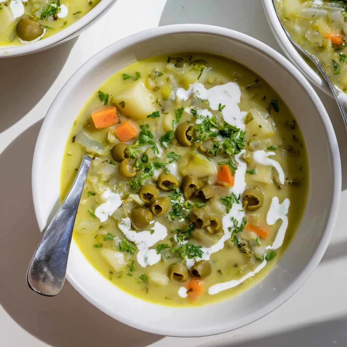 Velvety green olive soup with tangy olives floating in a rich, seasoned broth