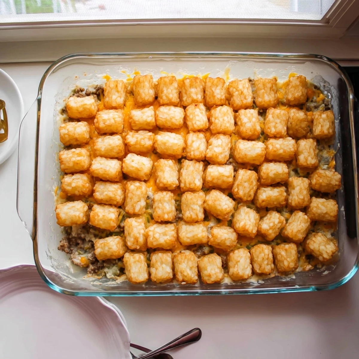 Golden brown Midwest tater tot casserole with crispy tots over savory ground beef and melted cheddar