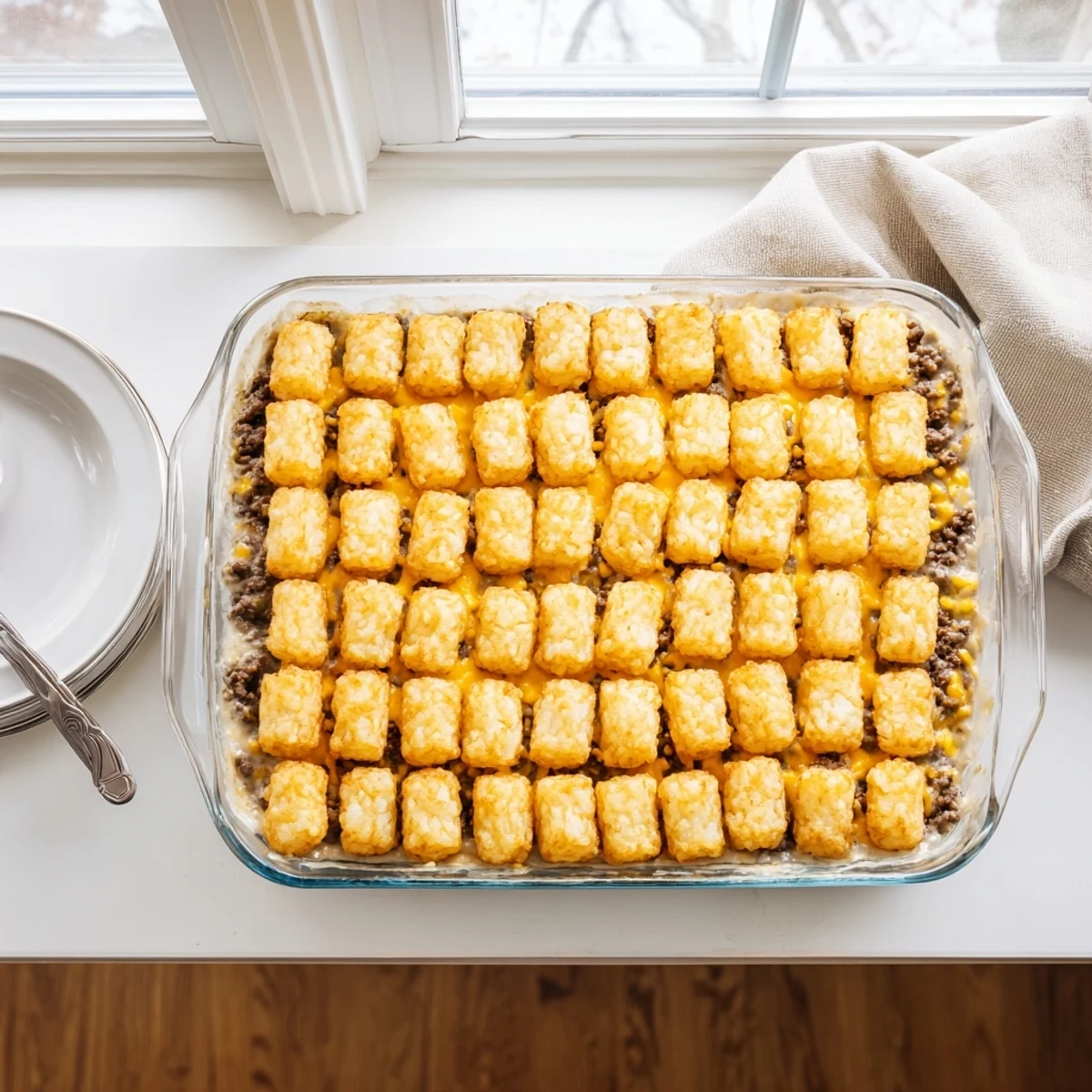 Family-style Midwest tater tot casserole featuring beef, corn, and cheese beneath a layer of crispy tots