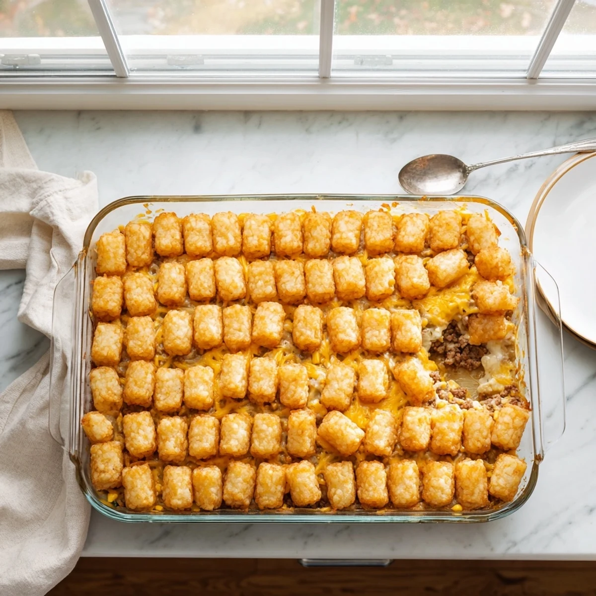 Baked tater tot casserole bubbling in a 9x13 dish with a golden crispy potato topping