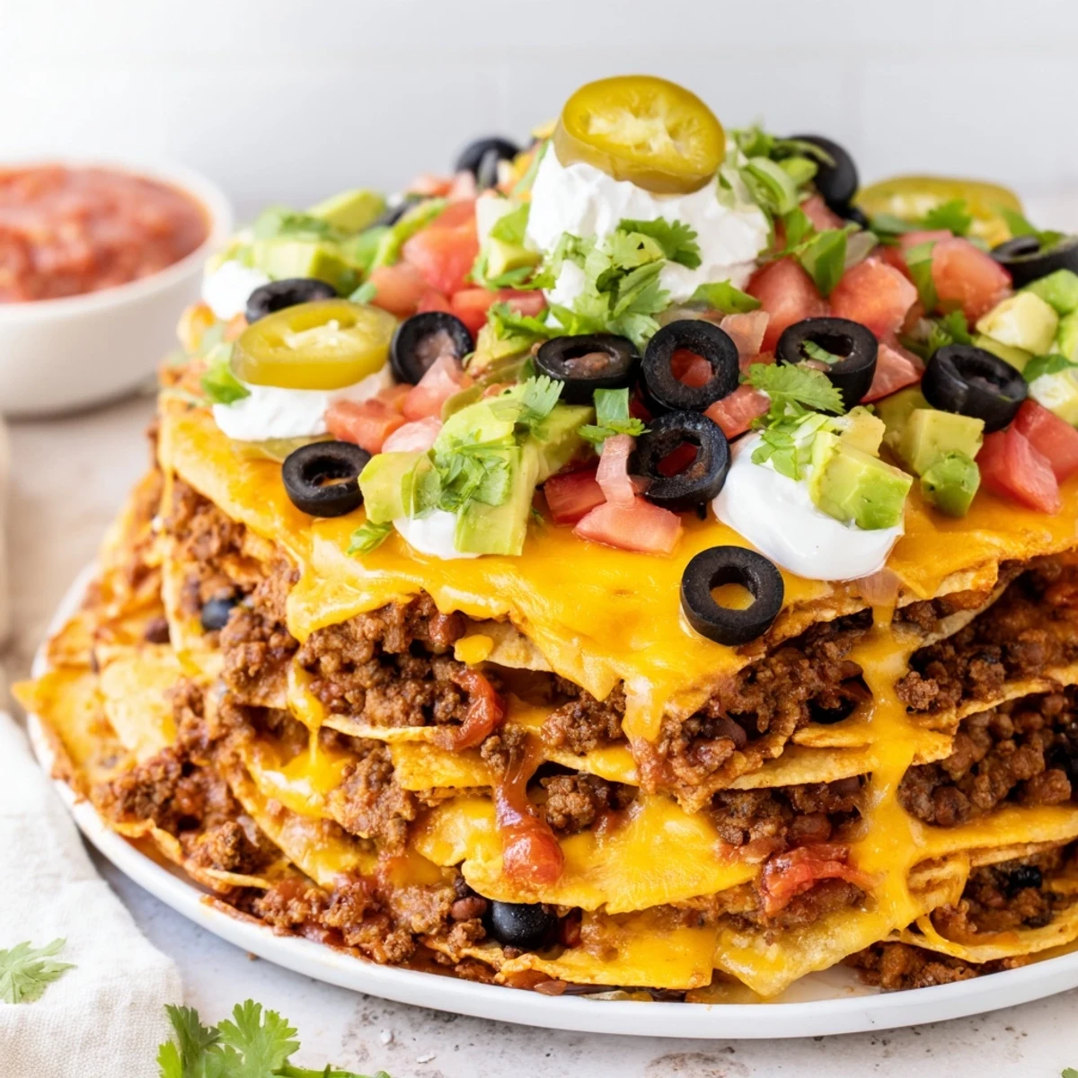 Crispy tortilla chip ring layered with spiced ground beef and Monterey Jack cheese bubbling