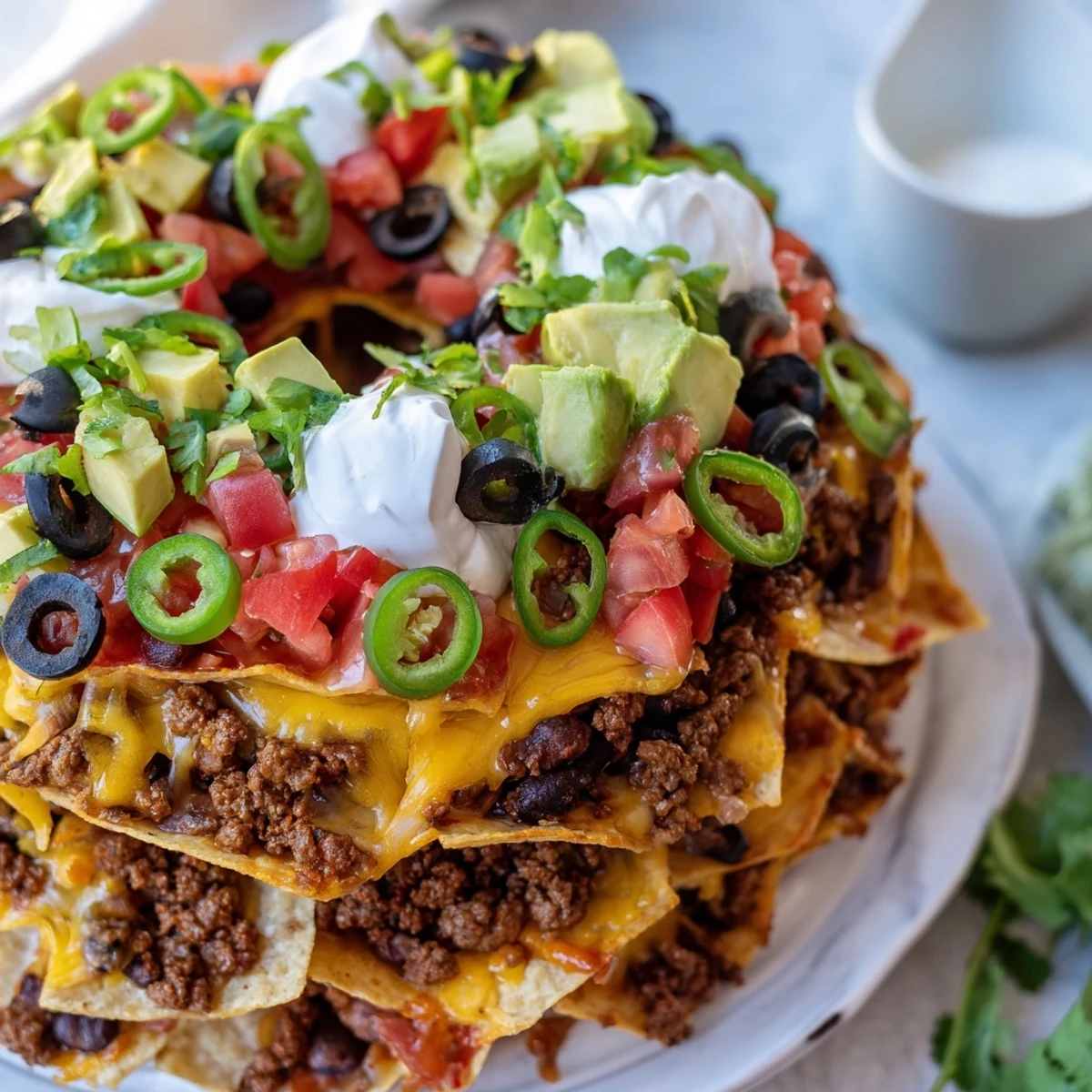 Golden Bundt pan nachos crowned with melted cheddar, seasoned beef, and colorful fresh toppings