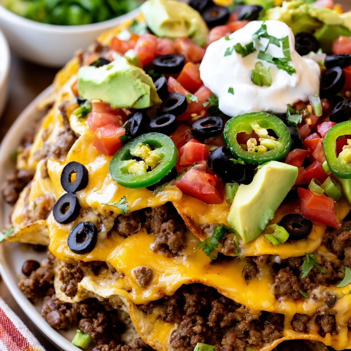 Show-stopping Bundt pan nachos topped with diced tomatoes, olives, sour cream, and cilantro
