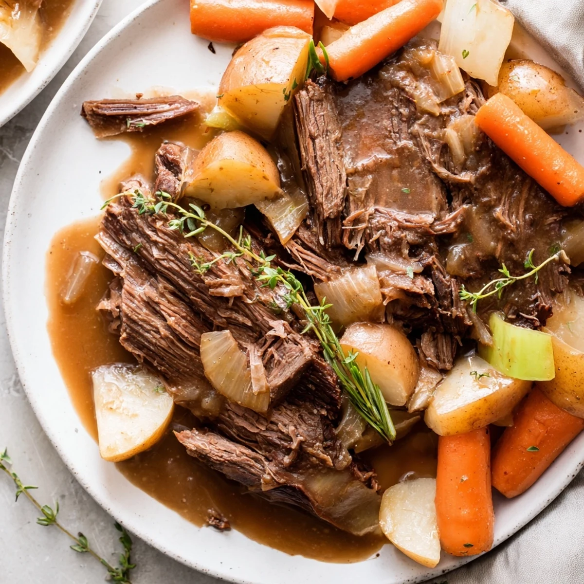 Fork-tender slow-cooked Southern style pot roast plated with hearty root vegetables and savory sauce