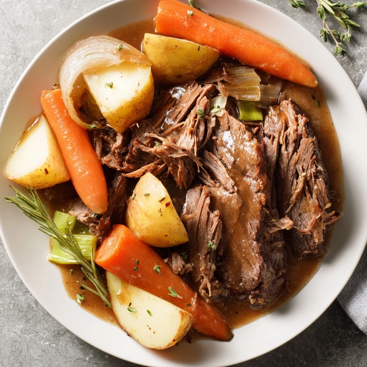 Southern style pot roast with tender beef chunks, carrots, and potatoes covered in rich brown gravy