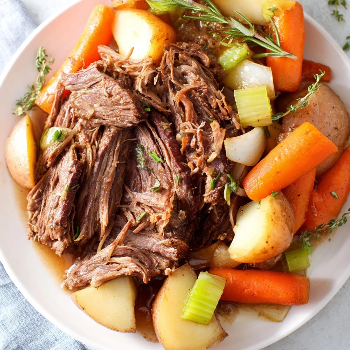 Comforting Southern style pot roast featuring juicy beef roast alongside celery, onions, and thick gravy