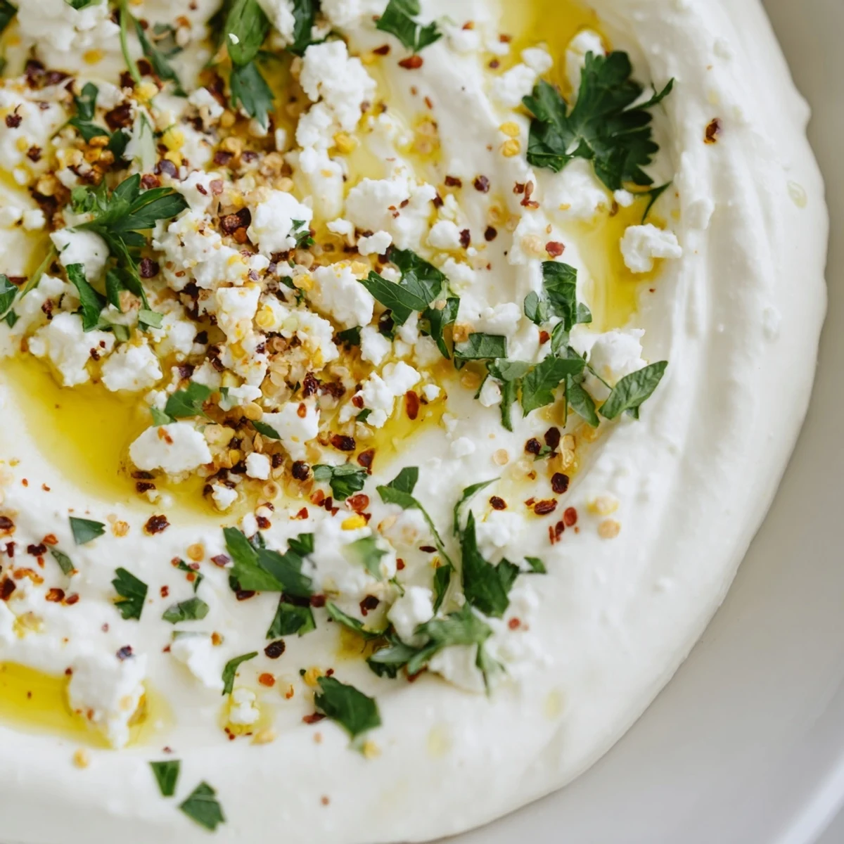 Creamy classic feta dip topped with olive oil, herbs, and served with crisp vegetable crudités