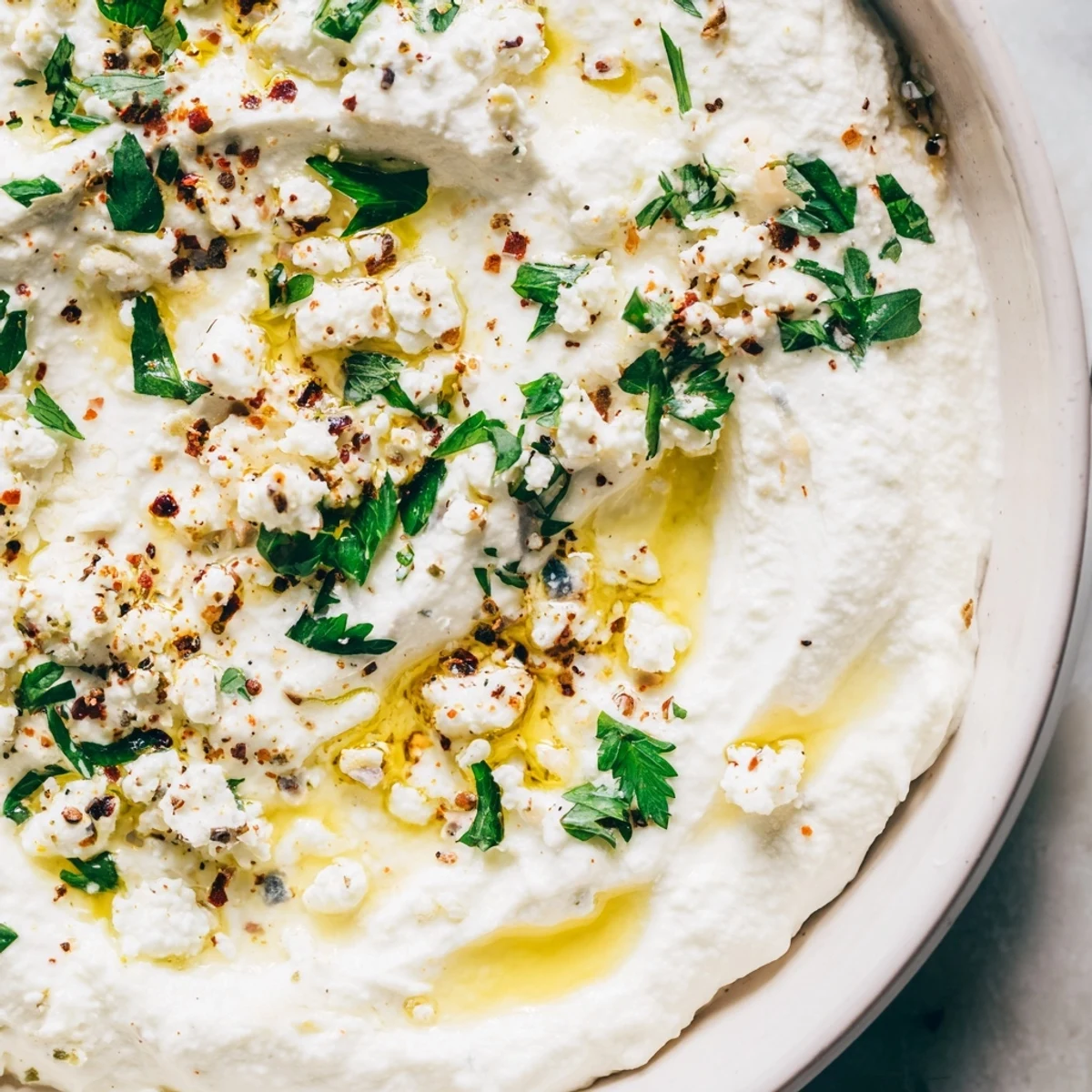 Mediterranean classic feta dip in a white bowl garnished with fresh dill and red pepper flakes