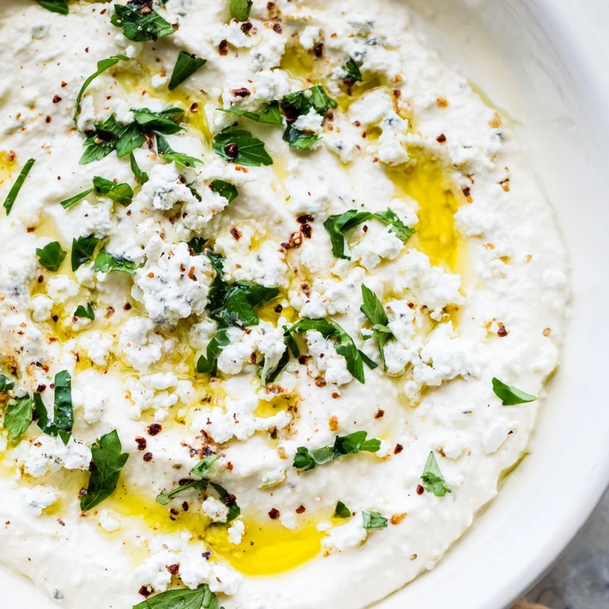 Smooth classic feta dip spread alongside warm pita triangles and colorful raw vegetables for appetizers