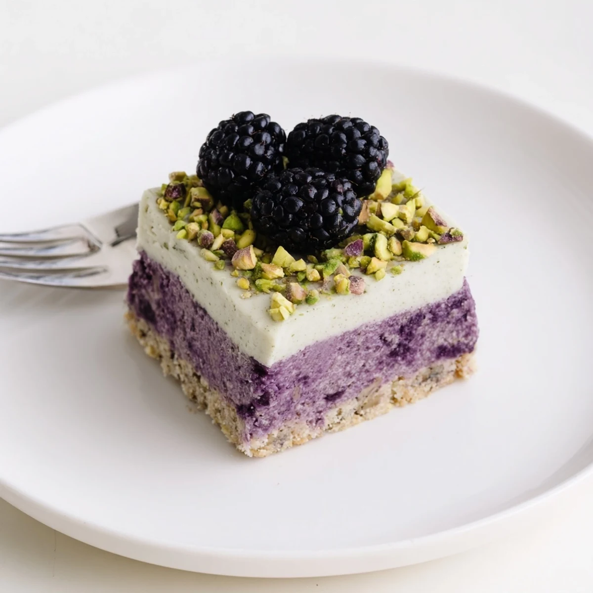 Fresh Blackberry Pistachio Dream Bars featuring buttery green-flecked shortbread crust topped with tangy blackberry swirls and smooth cream cheese layer