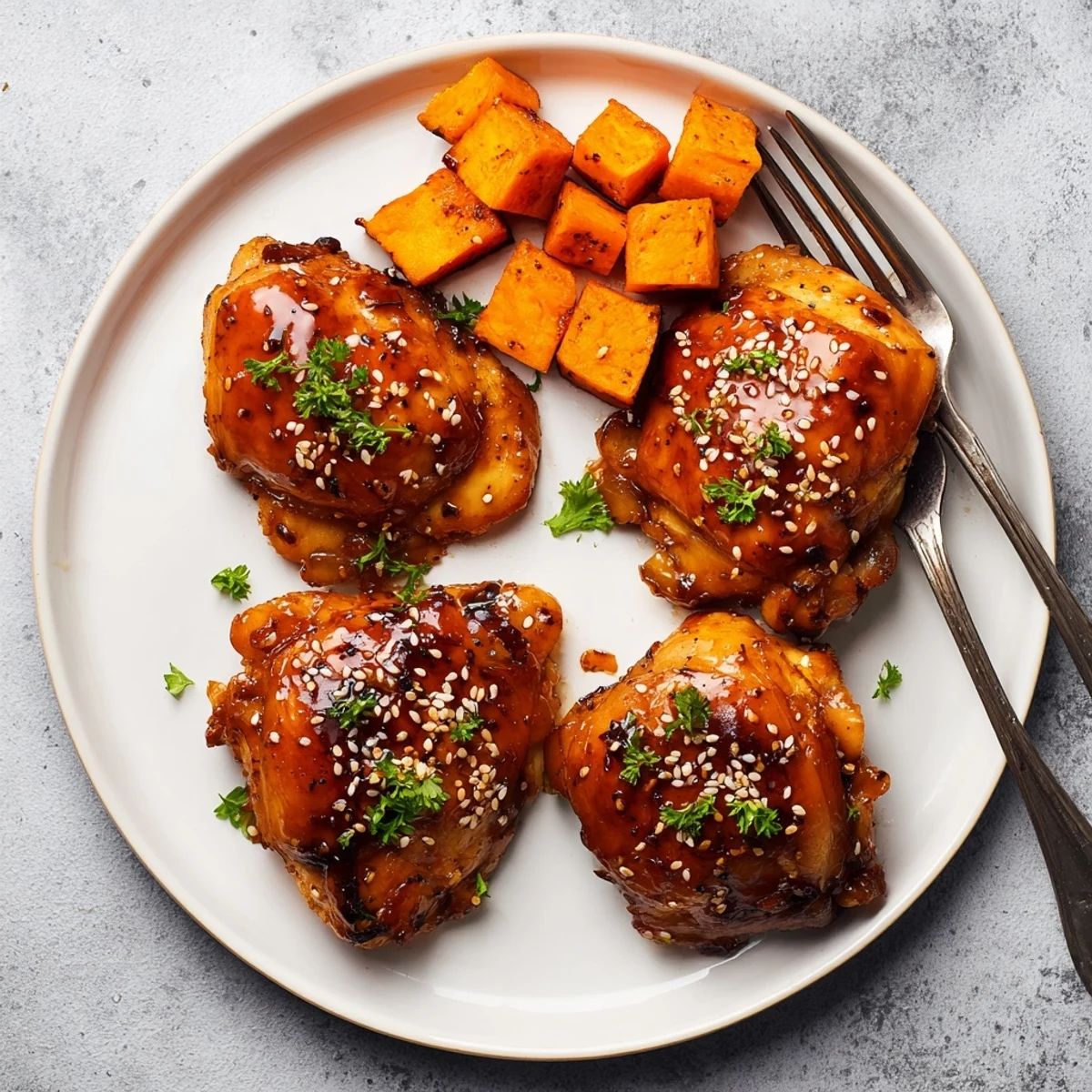 Golden glazed chicken thighs coated in sticky honey garlic sauce beside crispy roasted sweet potato cubes